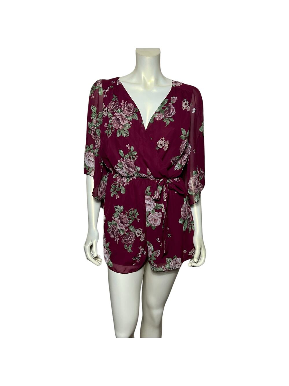Floral Kimono Sleeve Romper Burgundy Pink Wrap Tie Waist Sheer Sleeves